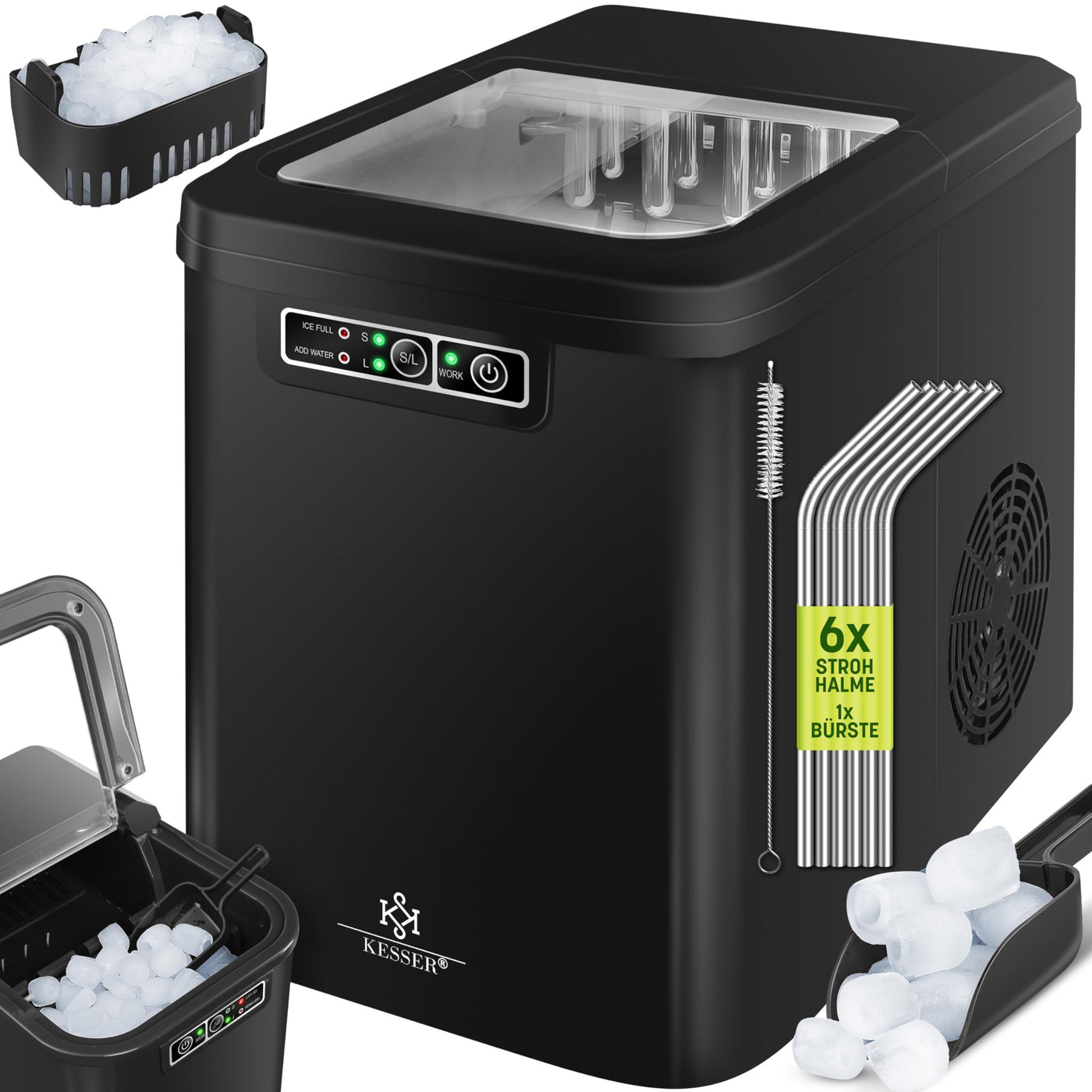 KESSER® Eiswürfelbereiter | Eiswürfelmaschine Edelstahl | Ice Maker | 12 kg 24 h | Zubereitung in 7 min | 2,2 Liter Wassertank | 2 Eiswürfel-Größen | LED-Display | Selbstreinigungsfunktion | Schwarz