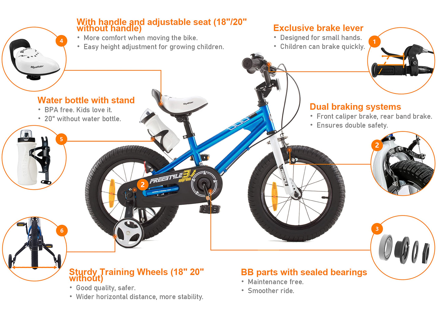 RoyalBaby Kinderfahrrad Mädchen Junge Freestyle BMX Fahrrad Kids Kinderfahrrad 14 Zoll Blau