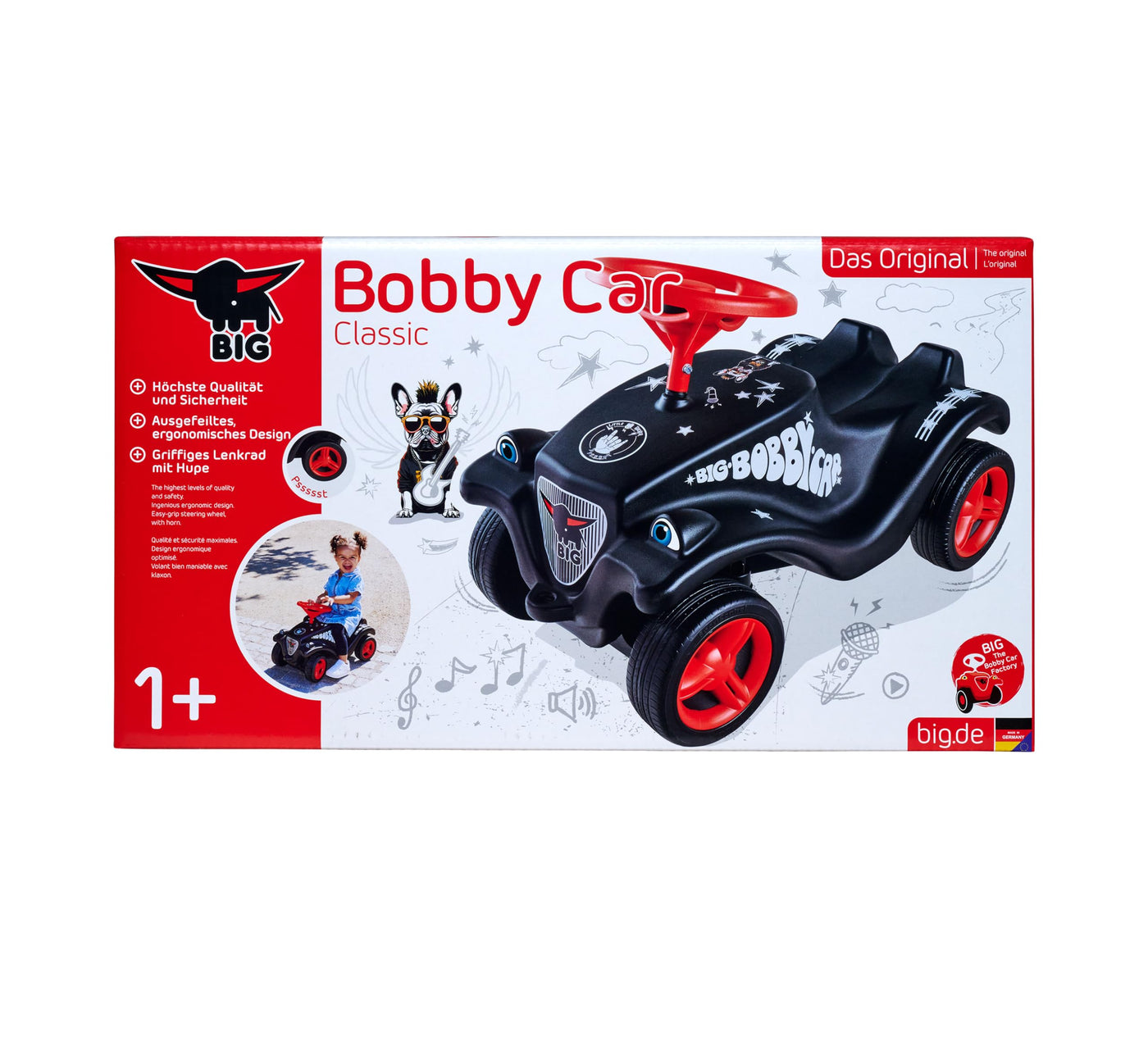 Big Bobby Car Classic Little Rocker - Rutschauto ab 1 Jahr im dunklen Rock n‘ Roll-Design mit rotem Sicherheits-Lenkrad und Hupe, für Kinder ab 12 Monaten (bis 50 kg), schwarz mit Aufklebern