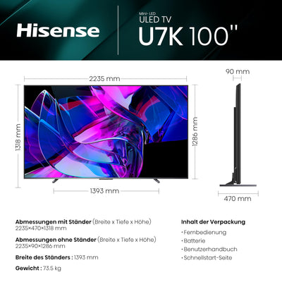 Hisense 100U7KQ (100 Zoll) Fernseher 4K Mini LED ULED HDR Smart TV, Quantum Dot, 144Hz, HDMI 2.1, Game Mode Pro, Dolby Vision IQ & Atmos, Bluetooth, Alexa Built-in, Anthrazit