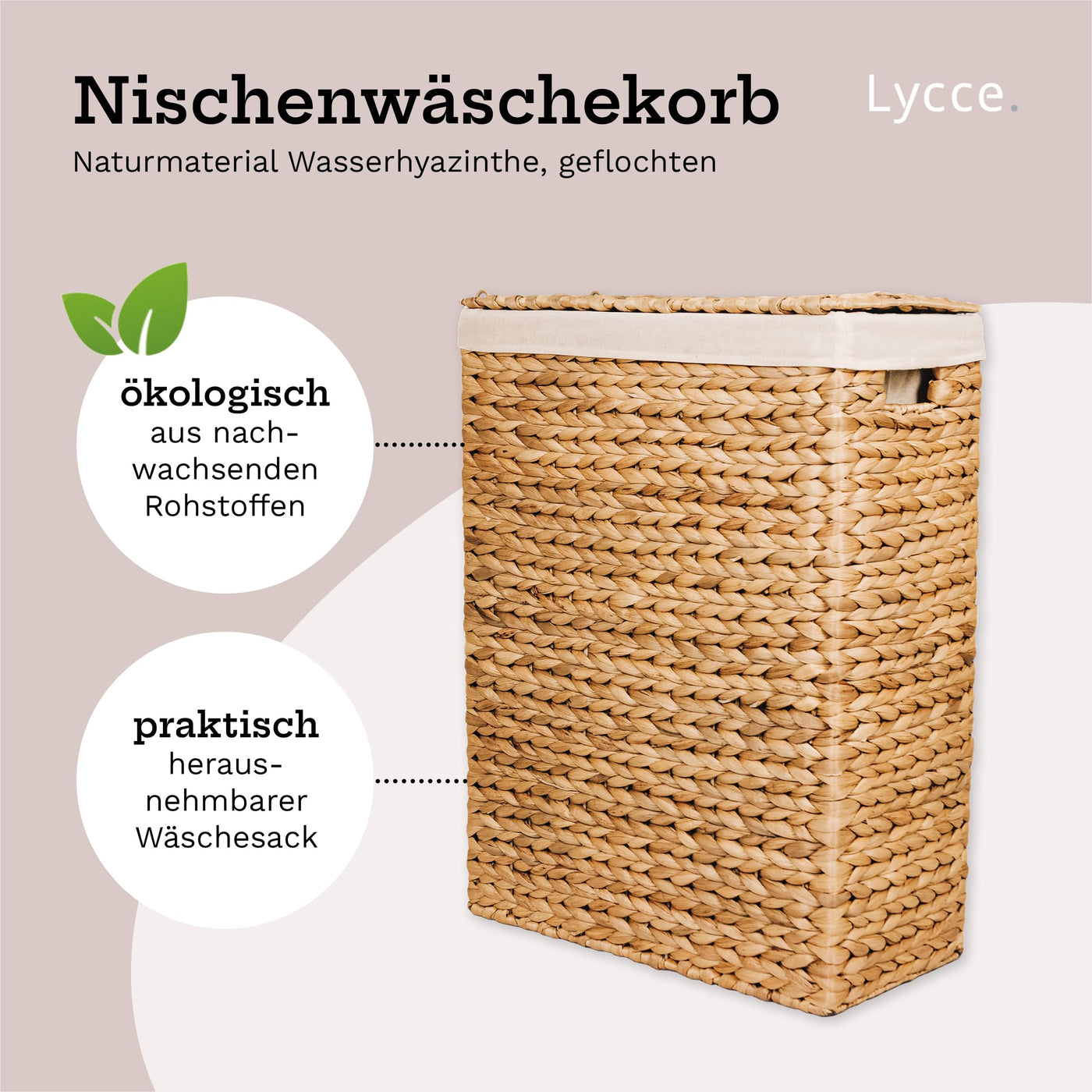 Lycce Wäschekorb mit Deckel 58 l Nischenwäschekorb Wasserhyazinthe Wäschekorb schmal für wenig Platz - großer Stauraum natur (Gr. 2)