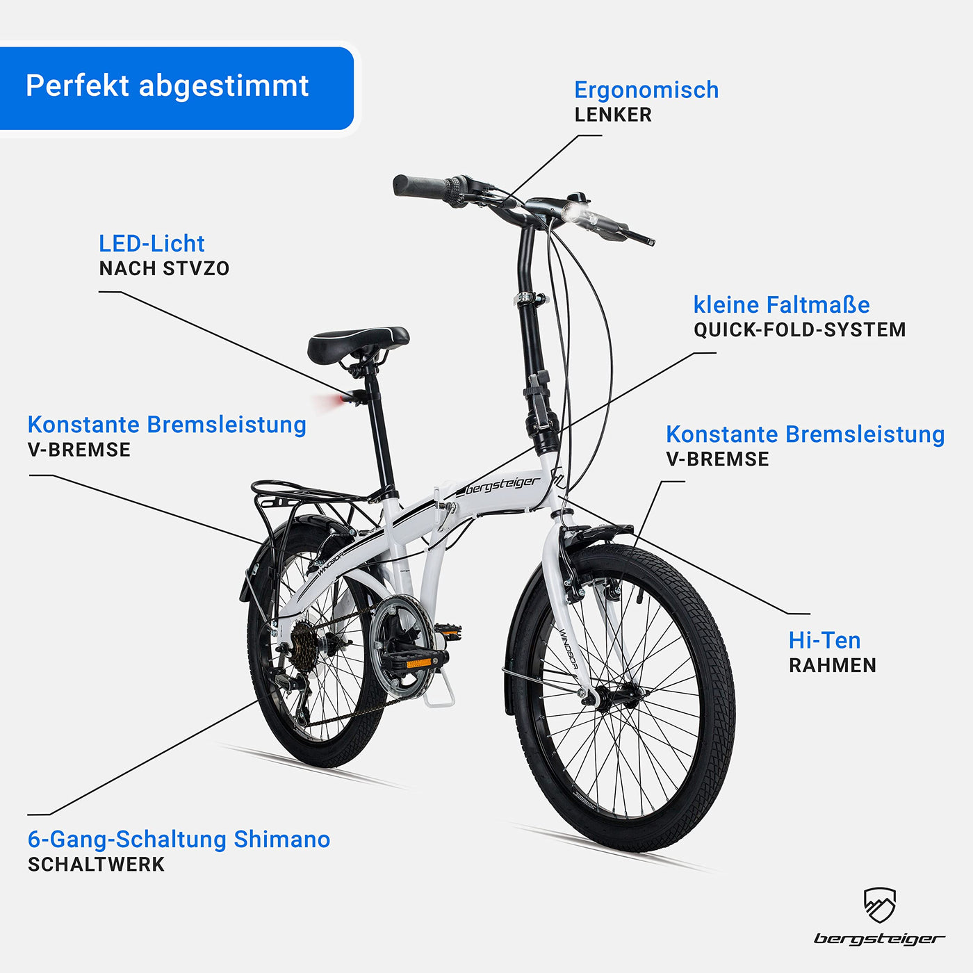 Bergsteiger Windsor 20 Zoll Faltrad, Klapprad, Shimano 6 Gang-Schaltung, LED Batterie-Licht, Quick-Fold-System, Klappfahrrad