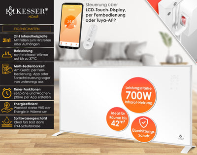 KESSER® Infrarotheizung Energiesparend Infrarot Standgerät & Wandmontage Elektroheizung 700W mit Fernbedienung Thermostat & App-Steuerung Elektrisch Heizpaneel Heizung Konvektor Standfüße