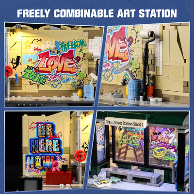 FUNWHOLE Graffiti-Bushaltestelle Klemmbausteine Beleuchtung Deko, Modular Building Straßenfusion City Town Busbahnhof,516Pcs,Geeignet für Erwachsene und Streetstyle-Liebhaber,F9066,Bus Stop