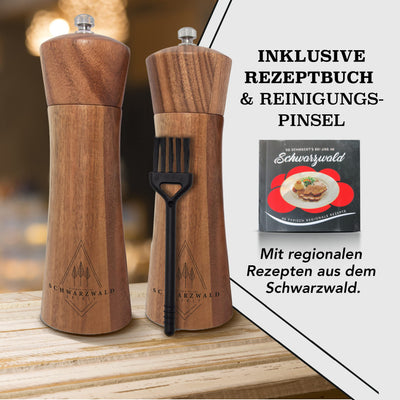 Schwarzwald Spirit Salz und Pfeffermühle Holz Klein (16,5 cm) - 2er Set mit Pfeffer und Salzmühle - Gewürzmühle mit Keramikmahlwerk inkl. Reinigungspinsel, Rezeptbuch - Küchenhelfer Geschenkidee