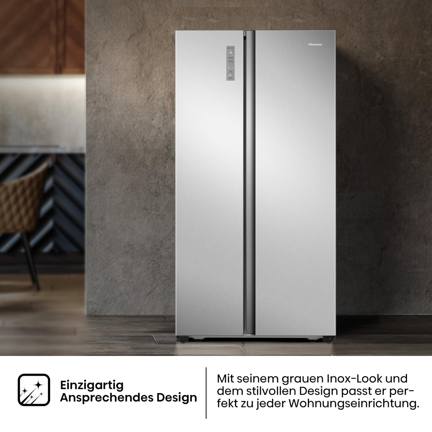 Hisense RS677N4ACC Side by Side Kühl-Gefrierkombination, 179cm, 519 Liter Gesamtkapazität, Multi Air Flow, LED Display, EEK: C, Electronic Touch Control, Inox Look