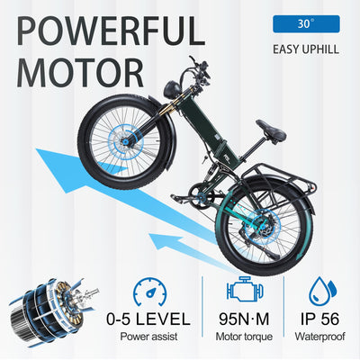 Ficyacto Elektrofahrrad Klappbares E-Bike 26“ Pedelec mit Abnehmbarer 48V 20Ah Akku bis 60 km,7 Gänge, Retro Scheinwerfer,Down Hill Aufhängung,Herren und Damen (Dunkelgrün)