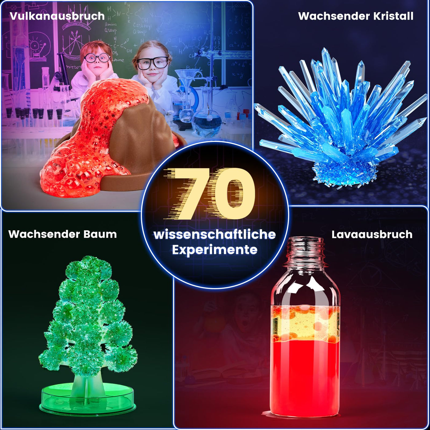 Japace 70 Experimente für Kinder, Wissenschaft Experimentierkasten Labor STEM Spielzeug 4-6-8-10-12 Jahre Geschenke für Jungen Mädchen, Chemie-Set, Kristalle Züchten, Vulkan, Gummiball