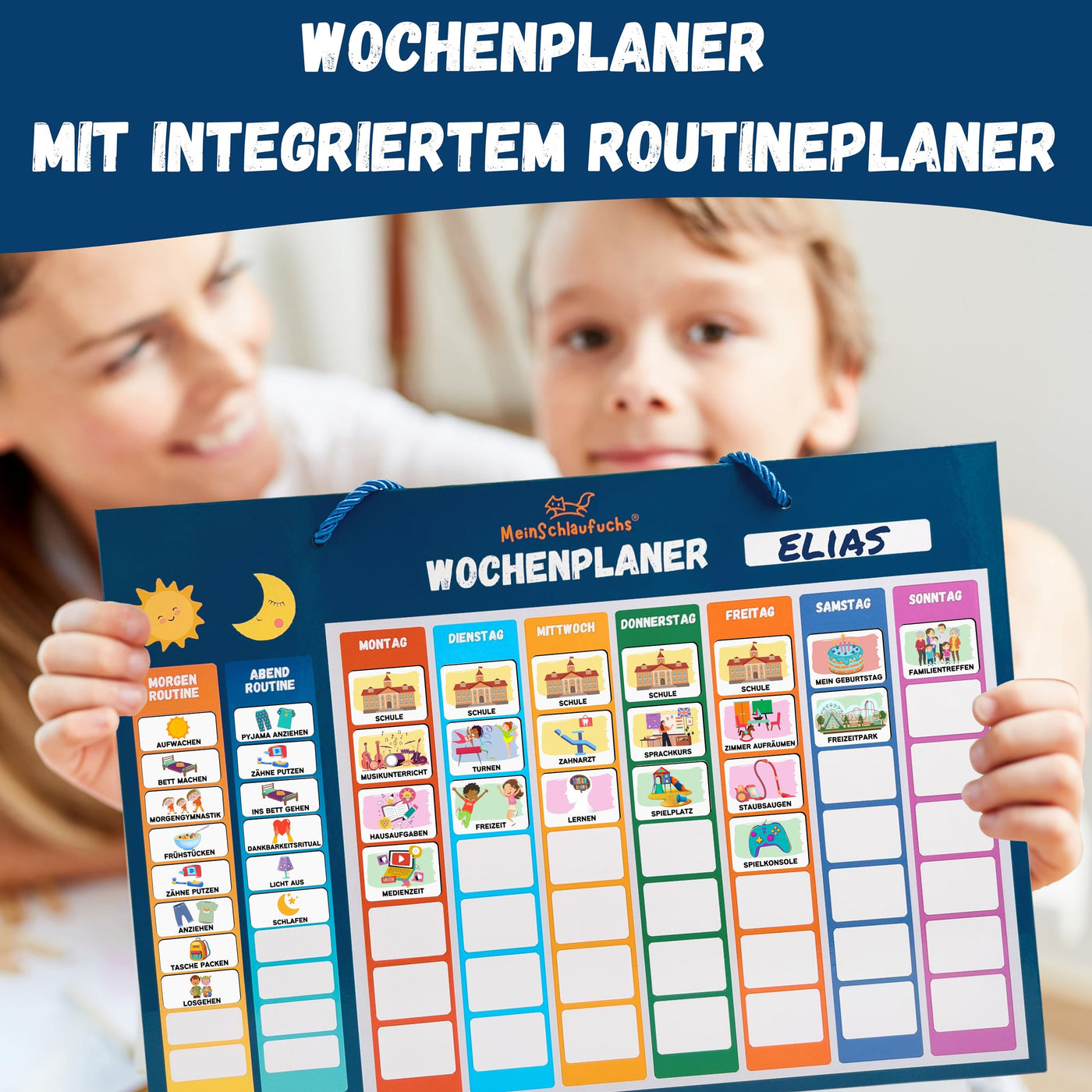 MeinSchlaufuchs® Wochenplaner Kinder - Montessori Magnettafel inkl. 250 Magnete, Aufbewahrungsbox, Kordel & Stift - beschreib- & abwischbar - Routine Planer Kinder - Kalender Kinder