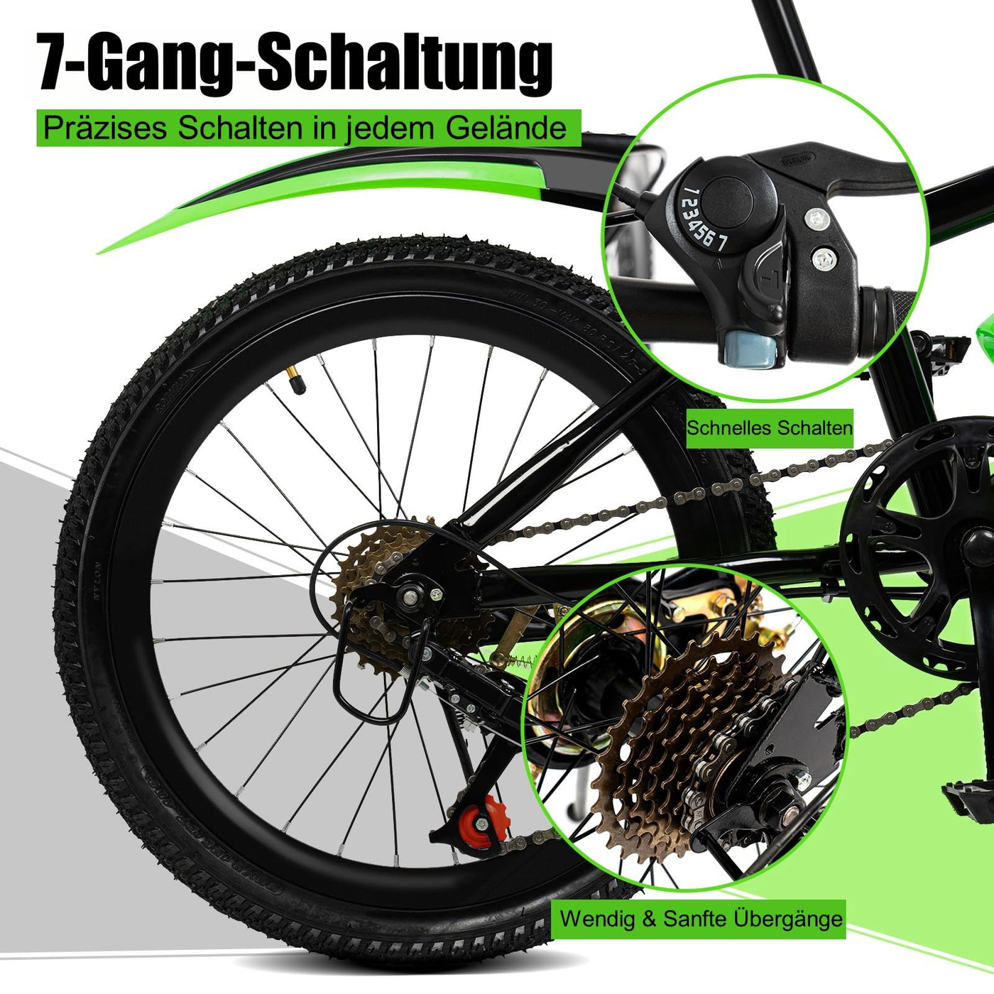 Charocean Mountainbike 20 Zoll Kinderfahrrad Kinder Fahrrad für Jungen & Mädchen, 7 Gang Mountainbike mit Schutzblech, Wasserflasche, Kompassglocke, Tragfähigkeit 85KG, Von 8-13 Jahren (Grün)