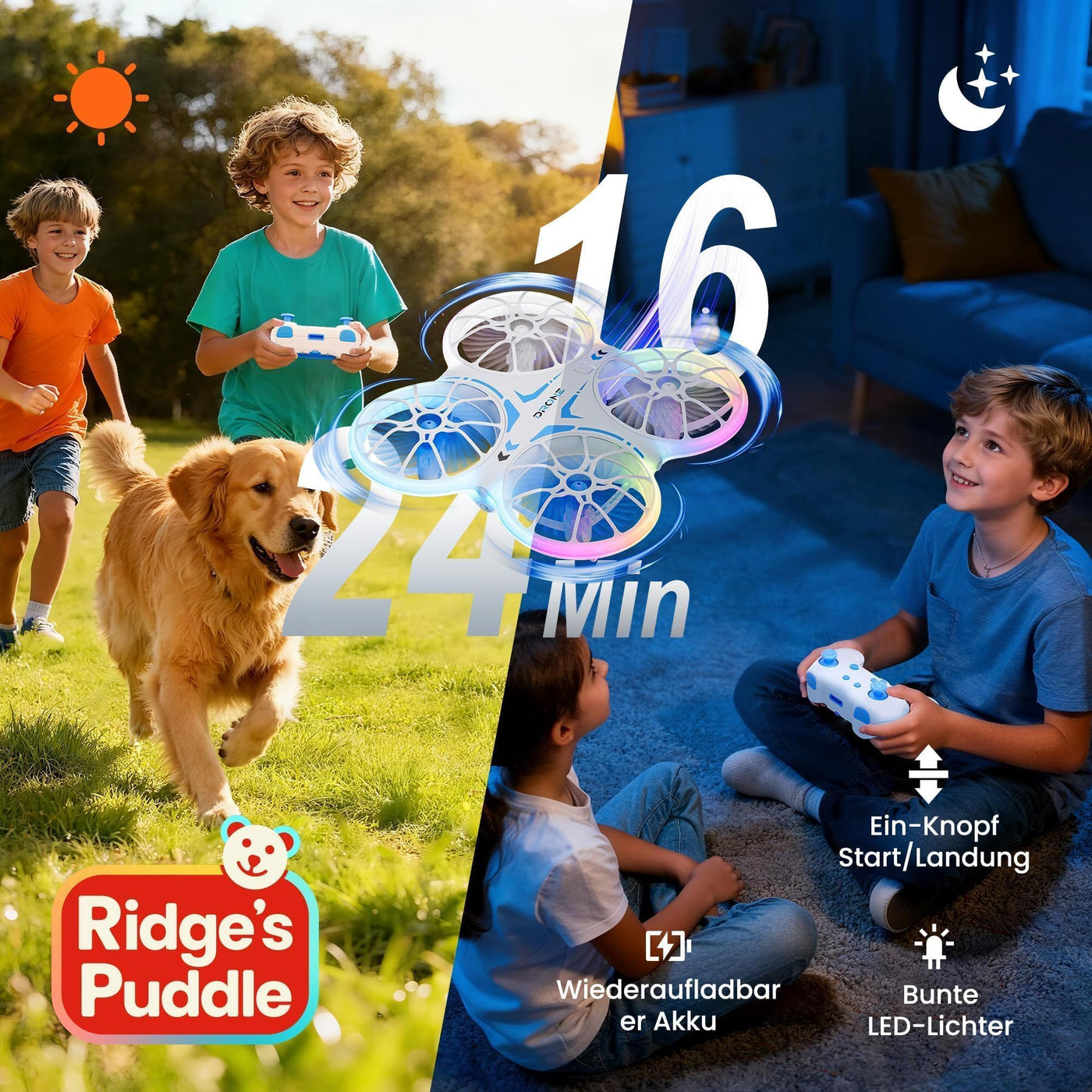 Ridge's Puddle Mini Drohne für Kinder - Geschenke Junge RC Flugzeug Drone Kinder mit LED Lichter Spielzeug ab 6 7 8 9 10 Jahre Jungen Mädchen 2 Batterien