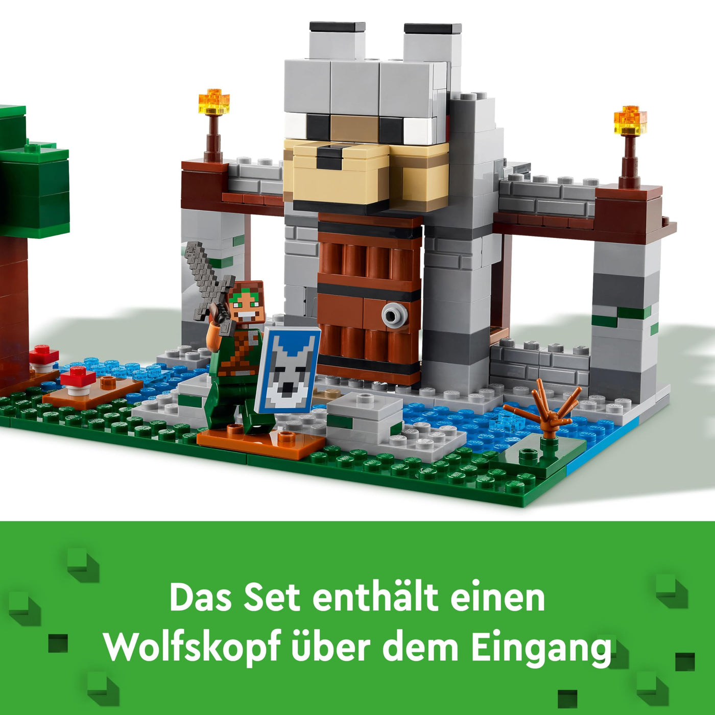 LEGO Minecraft Die Wolfsfestung - Kinder Spielzeug mit Einer Spielfigur, 2 Skelett Figuren & 2 Wölfen - Zubehör wie eine Werkbank und Schwert - Gamer Geschenk für Jungen & Mädchen ab 8 Jahren - 21261