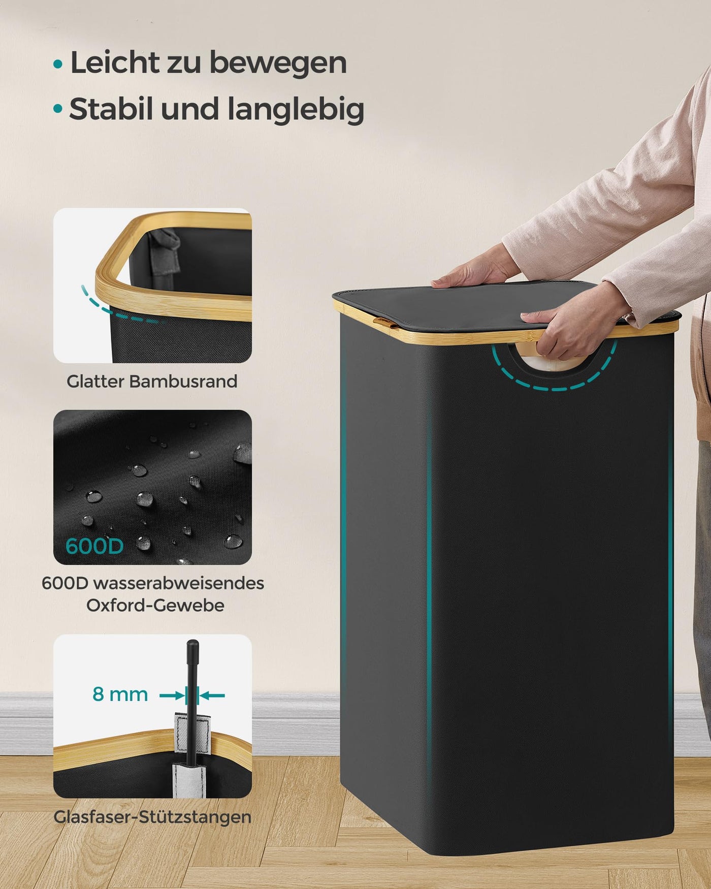 SONGMICS Pfandflaschen Sammelbehälter，Wäschekorb mit Deckel, Wäschesammler mit 3 Fächern, 150 L, herausnehmbarer Wäschesack, Griffe aus Bambus, 60 x 38,5 x 70,5 cm, tintenschwarz LCB515B01