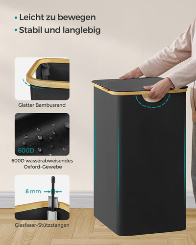 SONGMICS Pfandflaschen Sammelbehälter，Wäschekorb mit Deckel, Wäschesammler mit 3 Fächern, 150 L, herausnehmbarer Wäschesack, Griffe aus Bambus, 60 x 38,5 x 70,5 cm, tintenschwarz LCB515B01
