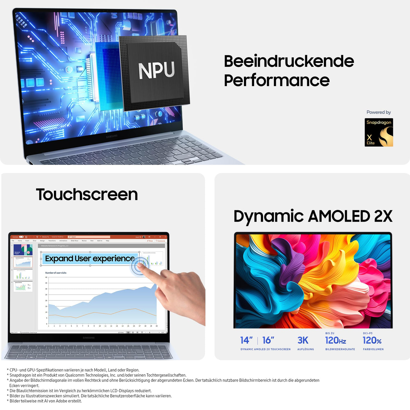 Samsung Galaxy Book4 Edge Galaxy AI-Laptop, 16-Zoll-Display, 16GB RAM, Snapdragon X Elite Prozessor, Notebook 512GB Speicher, Copilot+ PC, Sapphire Blue, 3 Jahre Herstellergarantie