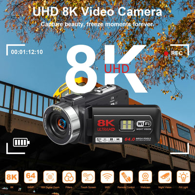 Videokamera 8K Camcorder 64MP WiFi Vlogging Kamera mit IR Nachtsicht für YouTube, 3-Zoll-Touchscreen, 18X Digitalzoom Webcam Camera mit Mikrofon,Stabilisator,Fernbedienung, 64GB SD Karte und 2 Akkus