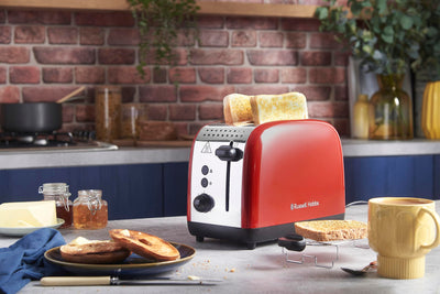 Russell Hobbs Toaster [für 2 Scheiben] Colours Plus Edelstahl Rot (extra breite Toastschlitze, inkl. Brötchenaufsatz, 6 Bräunungsstufen + Auftaufunktion, Lift & Look-Funktion, 1600W) 26554-56