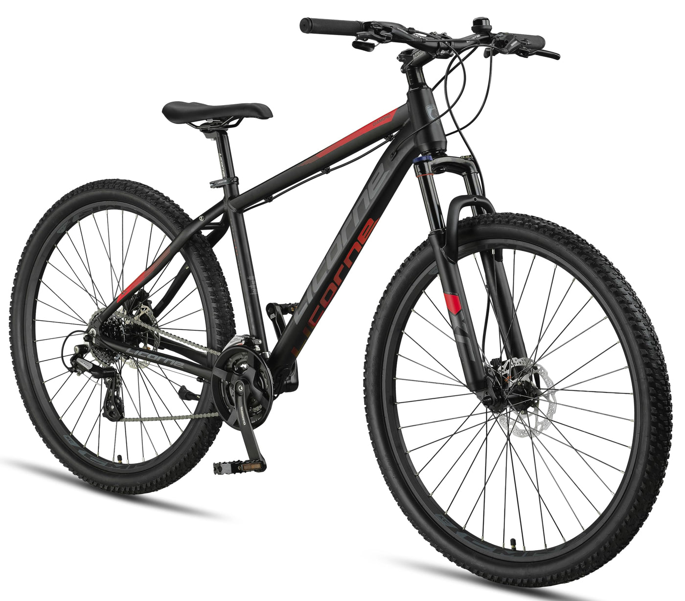 Licorne Bike Diamond Plus – Mountainbike, Shimano 24-Gang Schaltung, hydraulische Scheibenbremsen, verriegelbare Federgabel, Schnellspanner Vorder- & Hinterrad (Schwarz/Rot, 29 Zoll)
