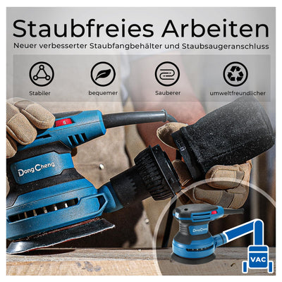 DongCheng Exzenterschleifer 380W, 125mm Schleifmaschine, 6 Geschwindigkeiten 8,000-12,800 U/min mit Staubfangbehälter und 20 Schleifpapier, ideal für professionelle Holzbearbeitung und Schleifarbeiten