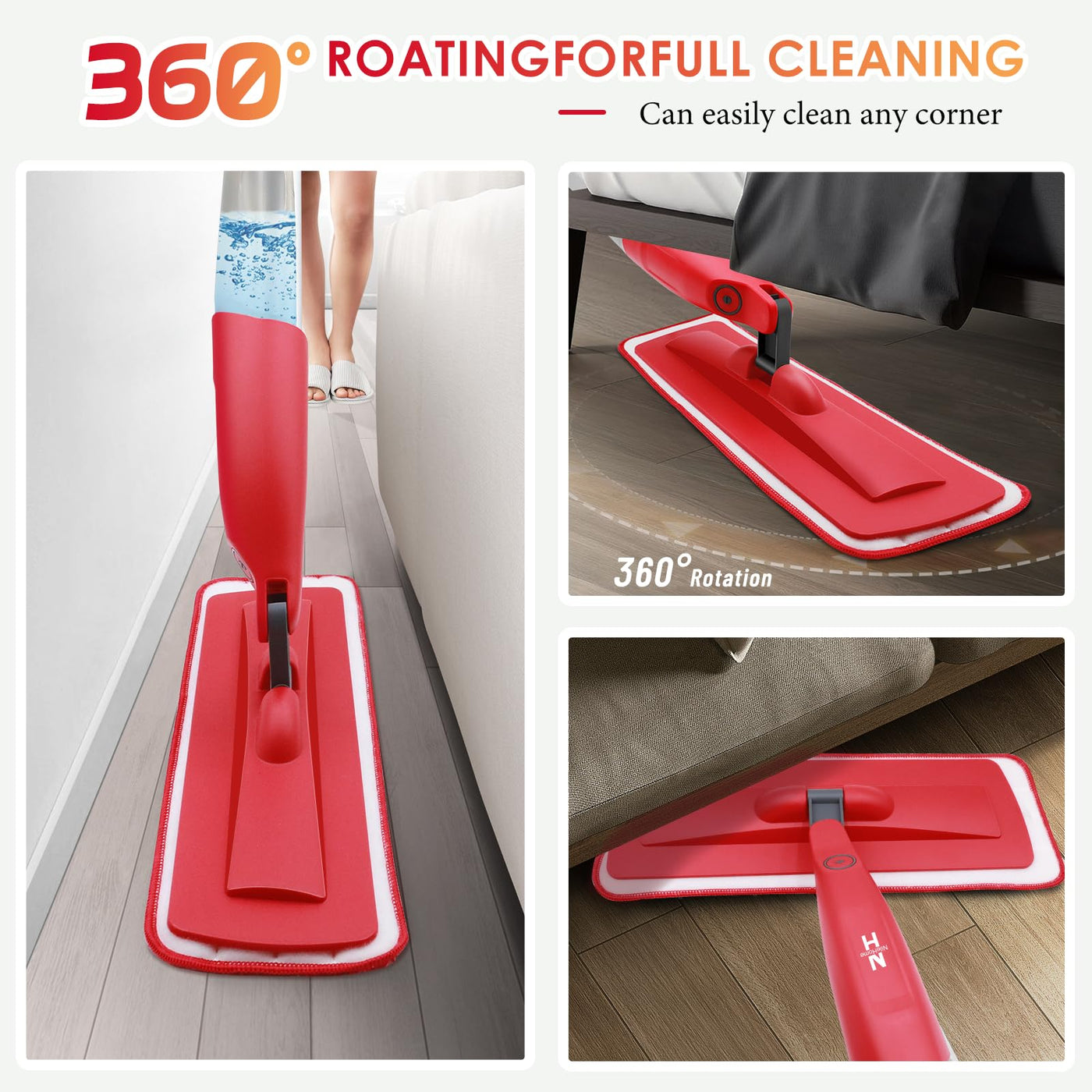 NileHome mop mit Sprühfunktion，Wischmopp staubdichter Mopp mit 2-waschbaren Pads und 480ml nachfüllbarer Flasche, Haushalts- oder Gewerbemopp, Nassmopp für Hartholzverbundfliesen