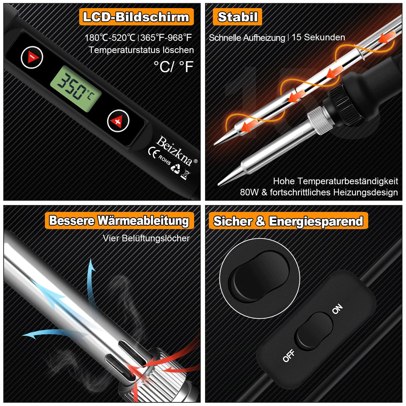 Lötkolben Set 80W LCD Einstellbar Temperatur 180-520°C Lötkolben mit Ein/Aus Schalter, 50g Lötdraht, 5 Lötspitzen, Entlötpumpe, Lötkolbenständer, Pinzette, Lötset für Elektrische Arbeiten