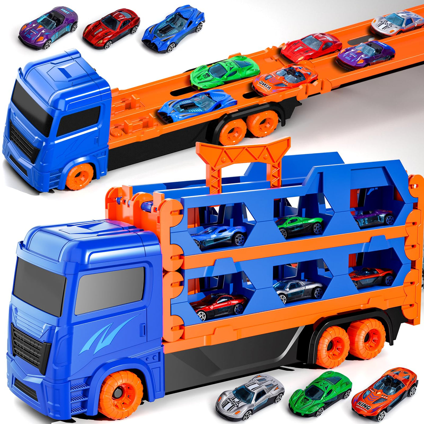 Ci Vetch Auto Spielzeug für 2-6 Jahre alte Jungen, Transport LKW Auto Spielzeug mit 61-Zoll-Rennstrecke, Blau