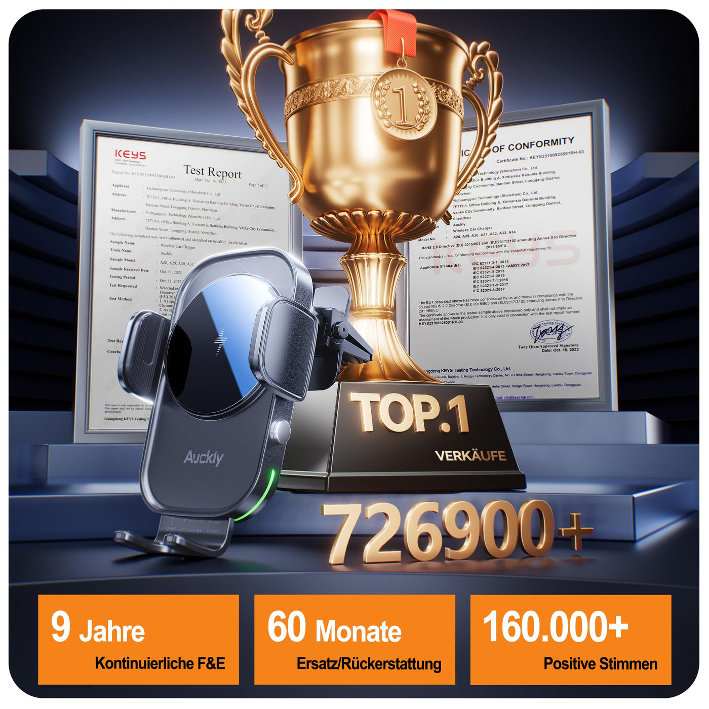 Auckly 15W Handyhalterung Auto mit Ladefunktion, [270° Automatische Klemmung],Qi Induktive Ladestation Auto Wireless Charger, Kfz Ladegerät für iPhone 12 13 14 15 16 17 Serie & Samsung, Schnellladen