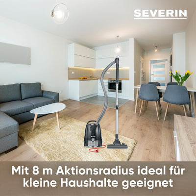 SEVERIN Staubsauger mit Beutel, kompakter & leiser Bodenstaubsauger für Teppich - & Hartböden, 750 W, Soft-Sound-Bodendüse, 8 m Reichweite, schwarz, BC 7030