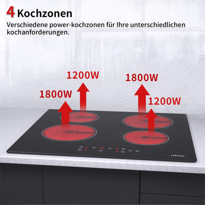 IsEasy Glaskeramikkochfeld, 6000W 59cm, 4 Kochzonen Kochfelder, Verdrahtung, Einbau Elektro Autark Rahmenlos, 9 Heizstufen, Passend für die Meisten Töpfe