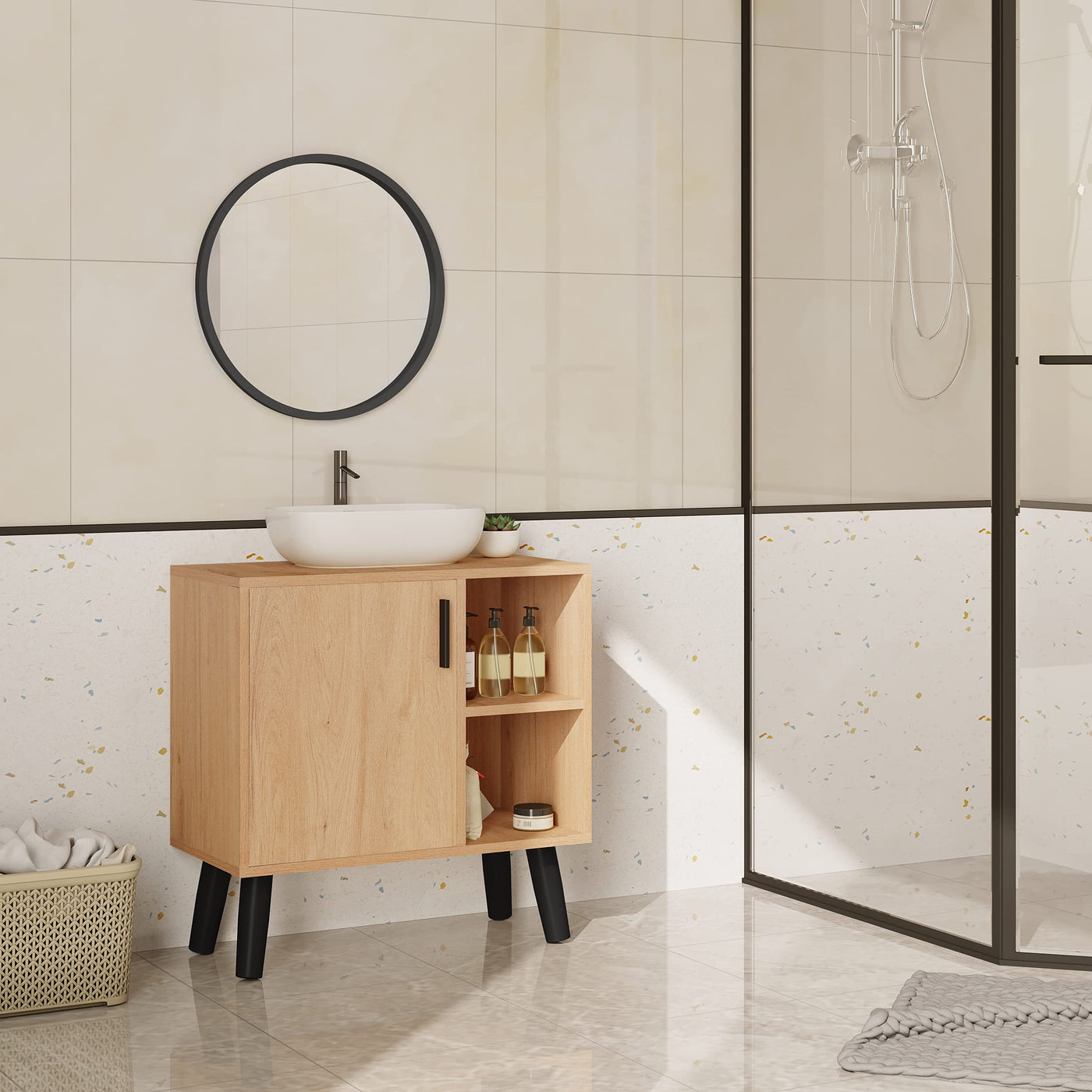 EUGAD Waschbeckenunterschrank mit Tür, Badezimmerschrank mit 2 offenen Ablagen, Schrank im Badezimmer, Unterschrank freistehend, Waschtischunterschrank