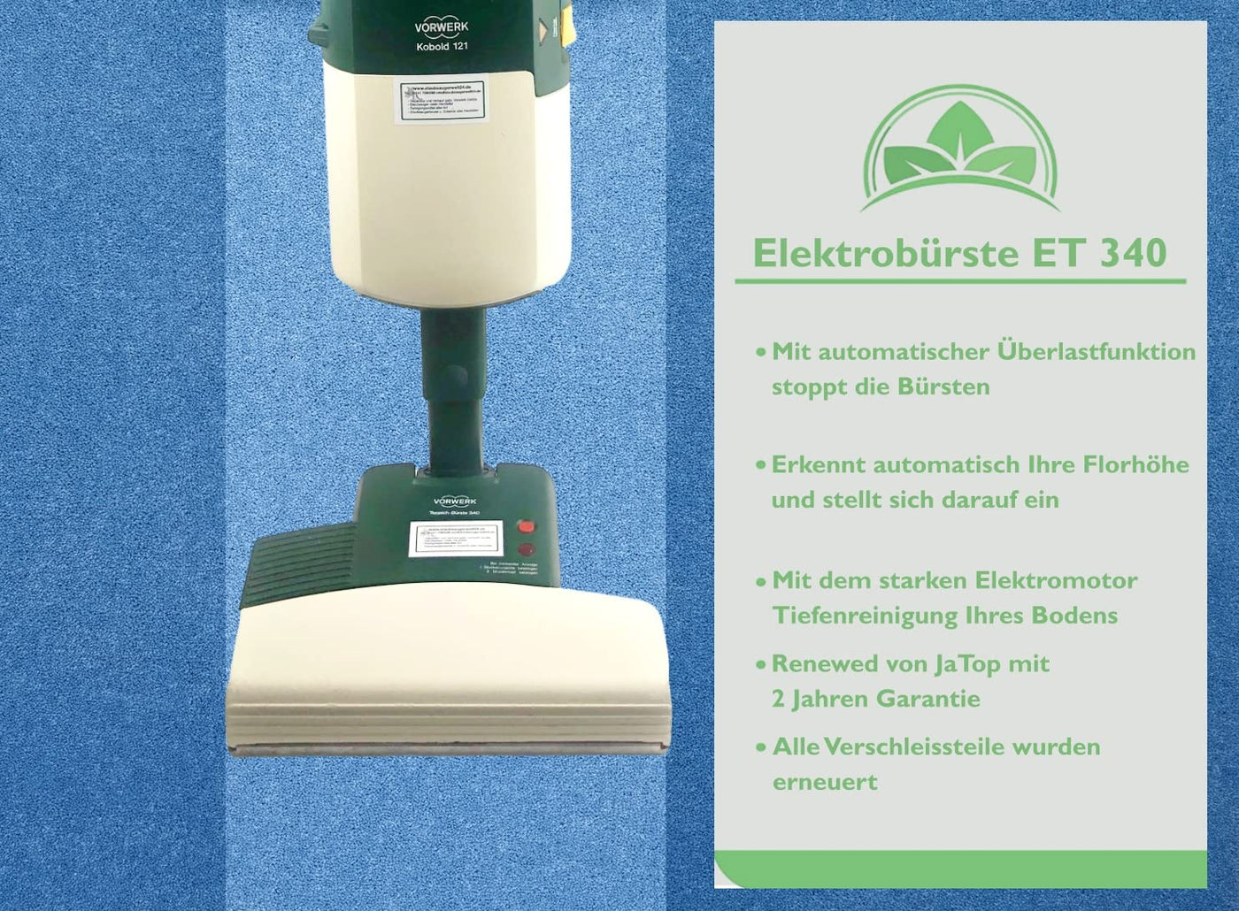 JaTop Original Vorwerk Kobold 121 inkl. Elektrobürste ET 340, Hartbodendüse und 10 Staubsaugerbeutel +Duft Renewed + generalüberholt Garantie, mit Beutel