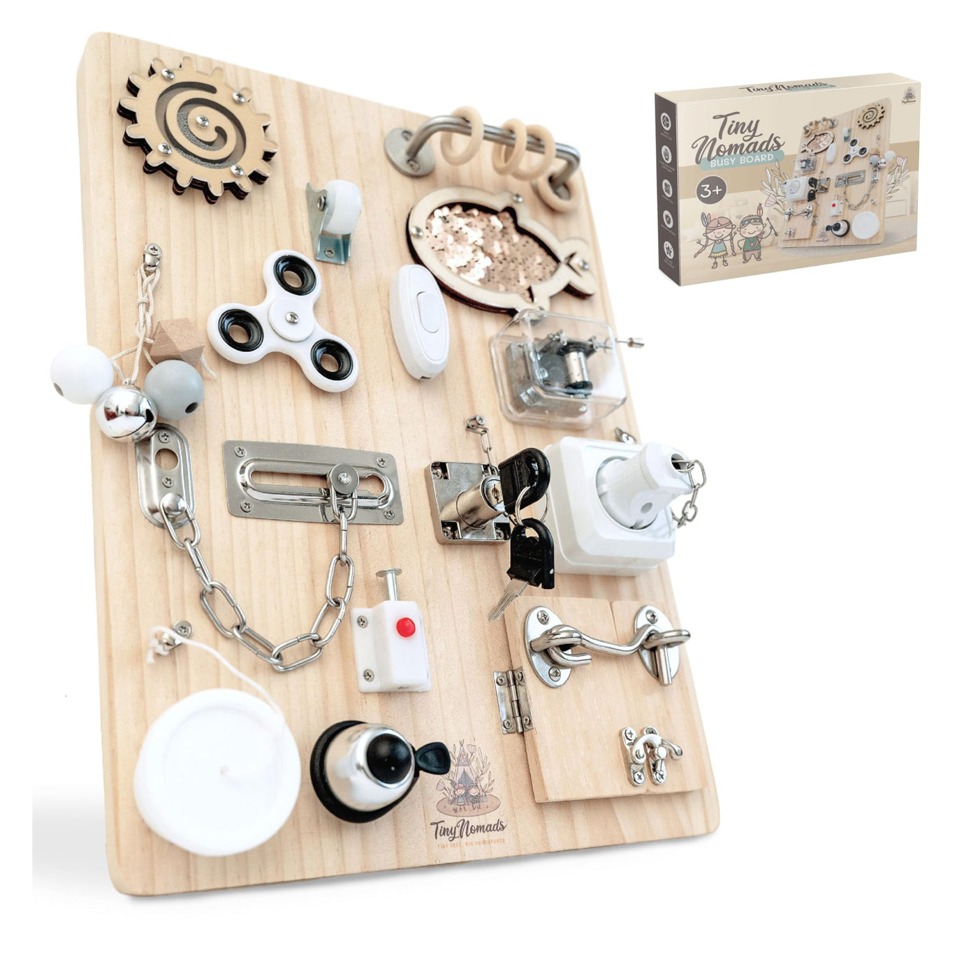 Tiny Nomads Montessori Busy Board motorikbrett ab 1 2 3 4 Jahr - Motorikboard für Baby Sensorik Activity Board holzspielzeug Autismus & ADHS geeignet