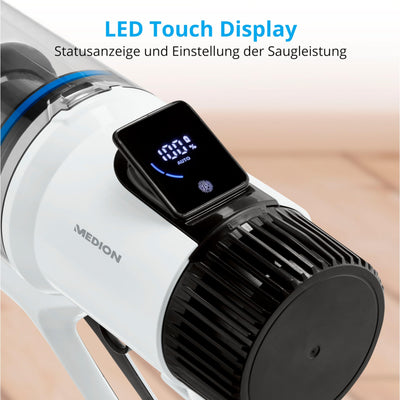 MEDION P400 W Stabstaubsauger mit Wischfunktion (kabellos, beutellos, Zyklon-Technologie, 400 Watt, 2in1 Stielstaubsauger Handstaubsauger, Akku, Staubsensor, HEPA H13, LED Touch Display, Bürstenrolle)