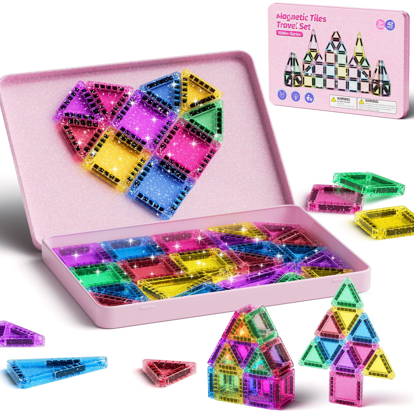 Reise Magnetische Tiles Glitzer Konstruktion Set 42pcs Reisespielzeug für Kinder MINT- Magnetische Fliesen mit Eisenkastenbasis, Magnetische Bausteine Reise Spielzeug Geschenk für 3+ Jahre Mädch