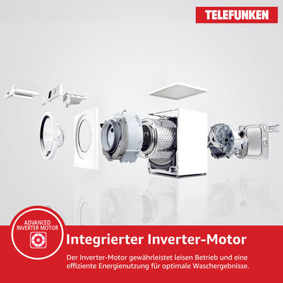 Telefunken Waschmaschine 8kg | 1400 U/Min. | Inverter Motor - Leise & Effizient | AquaStop - Schutz vor Wasserschäden | Schontrommel | Washing Machine mit 15 Programmen | EEK A | W-8-1400-A-W weiß