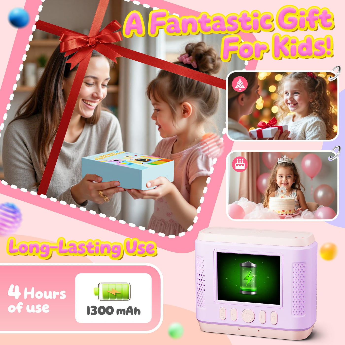 CalineGam Kinderkamera Sofortbildkamera, 1080P HD Sofortbildkamera Kinder mit 32GB Karte, 2,4 Zoll Digitalkamera Kinder, Kinderspielzeug Geschenke für Jungen und Mädchen 3-12 Jahre (Rosa)