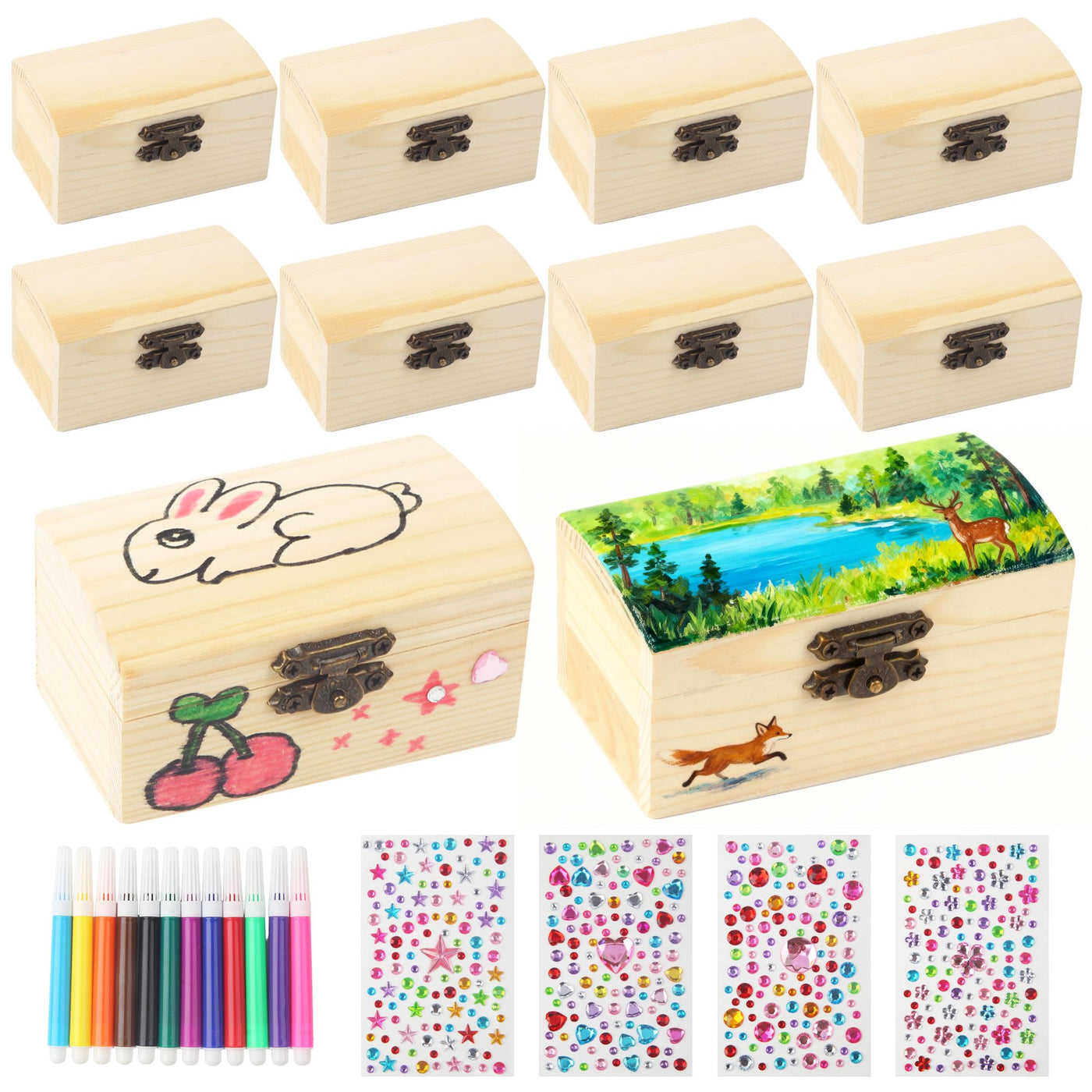 10Stück Schatztruhe Kindergeburtstag,Mini Schatztruhe,Schatzkiste Holz Bastelset,Kleine Schatztruhe Kinder,Holzbox mit Deckel enthält Buntstifte und Aufkleber,Perfekt zum Malen und Basteln auf Partys