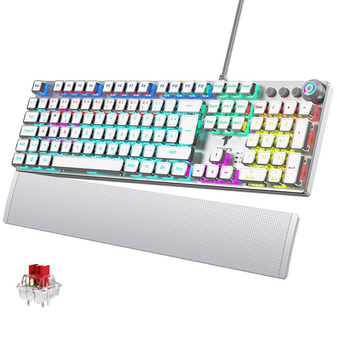 TECURS Gaming Tastatur Mechanische - Gamer Tastatur Programmierbare mit Magnetische Handgelenkauflage, Rote Schalter, 19 LED Modi, Multimedia-Tasten, PC Tastatur mit Kabel QWERTZ DE-Layout, Weiß
