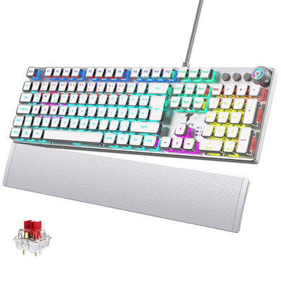 TECURS Gaming Tastatur Mechanische - Gamer Tastatur Programmierbare mit Magnetische Handgelenkauflage, Rote Schalter, 19 LED Modi, Multimedia-Tasten, PC Tastatur mit Kabel QWERTZ DE-Layout, Weiß