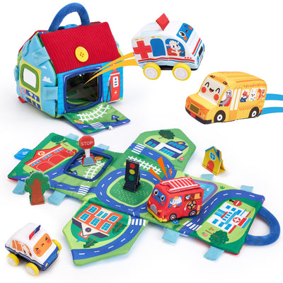 Hahaland Baby Spielzeug 6 12 Monate,4 Stück Spielzeugautos Set, Plüsch Pull-Back & Go Autospielzeug mit Spielmatten,Montessori Auto Spielzeug für 1 2 3 Jahr Jungen Mädchen,Geschenk für Kinder