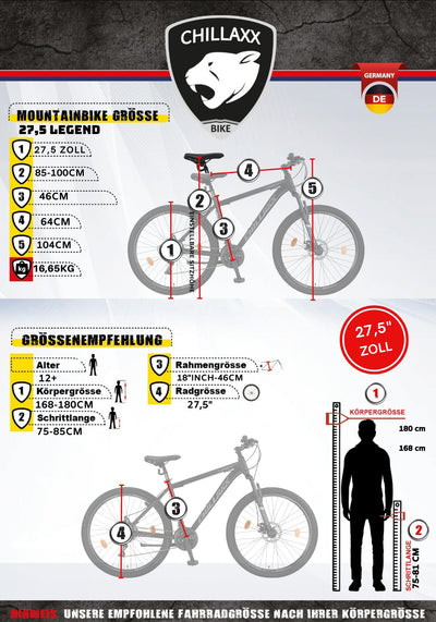 Chillaxx Bike Legend Aluminium 24, 26, 27,5 und 29 Zoll Shimano Mountainbike MTB Fahrrad für Jungen Mädchen Herren und Damen 21 Gang Schaltung Herrenrad Damenrad (27,5 Zoll, Schwarz Disc-Bremse)