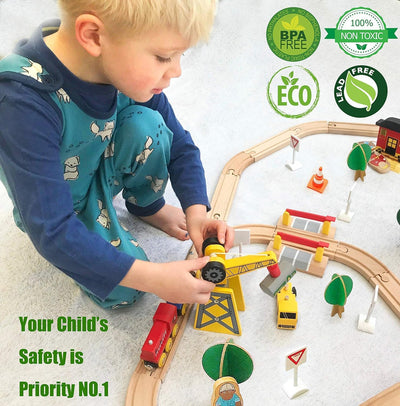 Tiny Land 55Pcs Holzeisenbahn Set, Eisenbahn Holz für Kinder mit Kran, Kombinierbar Zug Spielzeug, Holzeisenbahn Zubehör Passend für Alle Großen Marken, Holzzug Spielzeug für Kinder ab 2~5