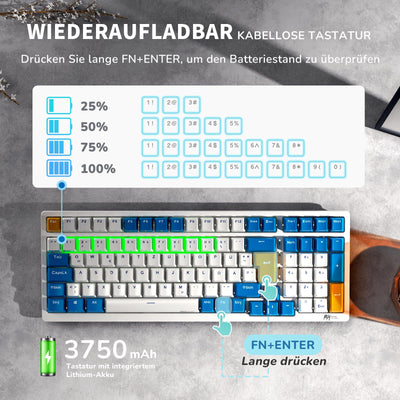 RK ROYAL KLUDGE RK98 Mechanische Tastatur Kabellose Gaming Tastatur 2.4G/Bluetooth 5.1/USB-C RGB Hinterleuchtet Deutsches Layout QWERTZ 100 Tasten Hot Swappable Braune Schalter, Weiß