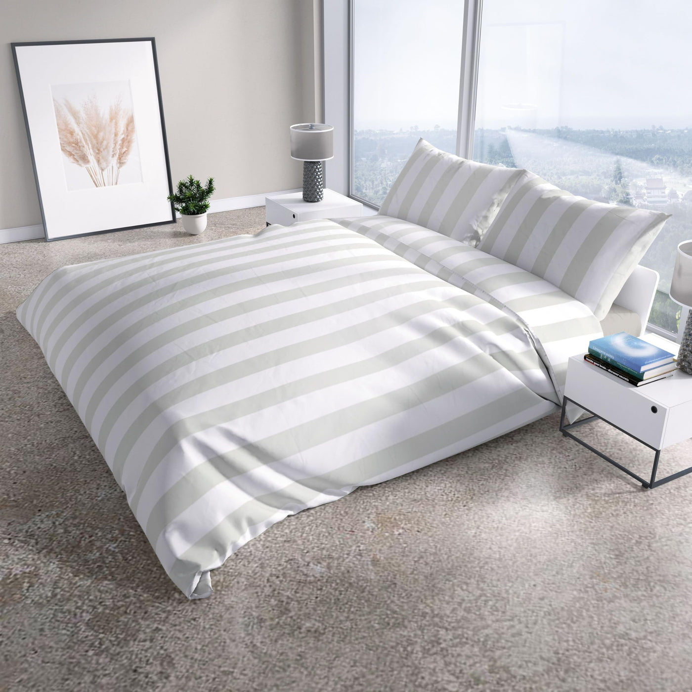 Leonado Vicenti Bettwäsche Set 2-teilig 135x200 cm Baumwolle Weiß Grau gestreift Reißverschluss Pflegeleicht Ganzjährig verwendbar