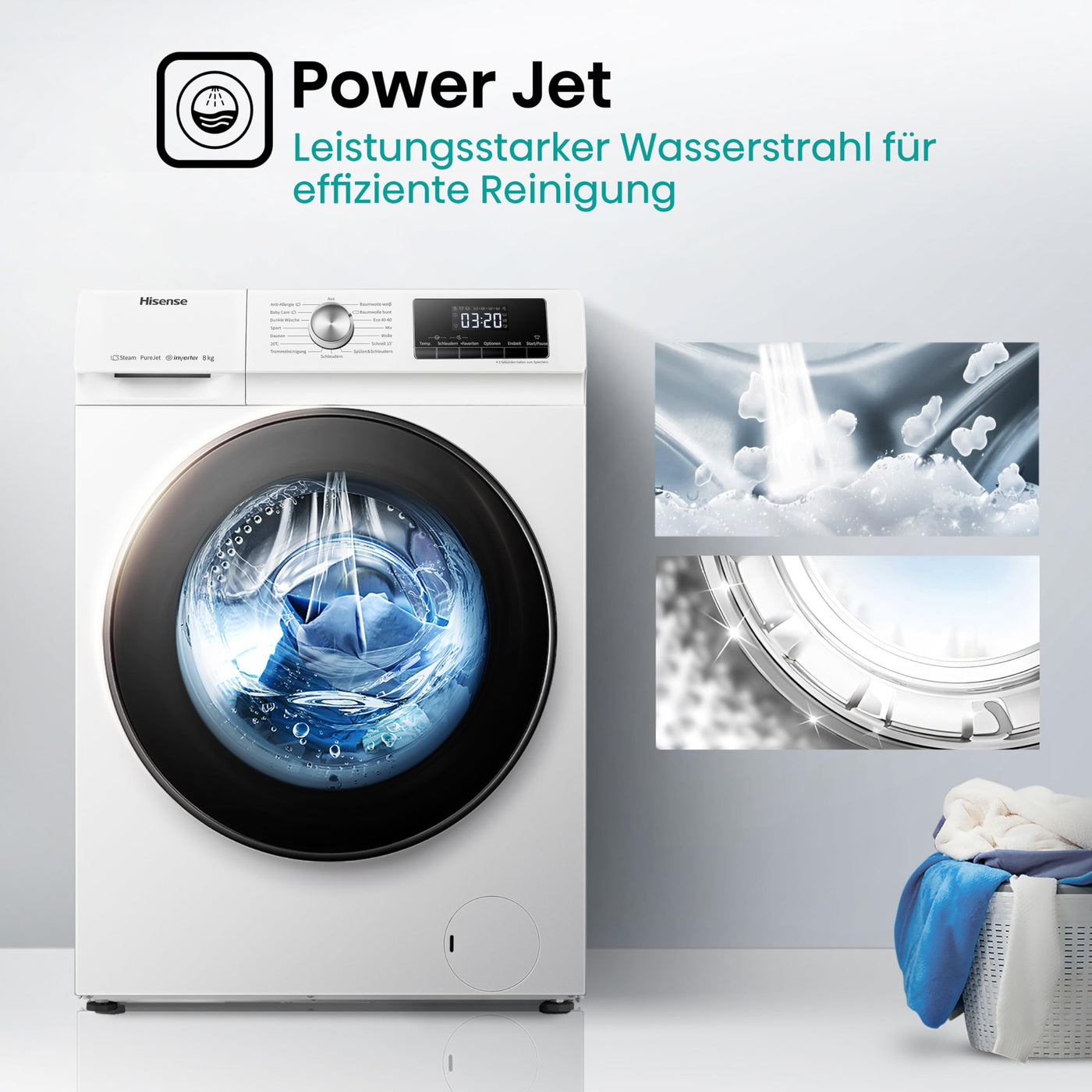 Hisense WFQA8014EVJM Waschmaschine mit Dampffunktion/ 8 kg/AquaStop/ 1400 U/min /15 Programme/Inverter PowerDrive Motor/Edelstahltrommel/Kindersicherung/Trommelreinigung/Weiß