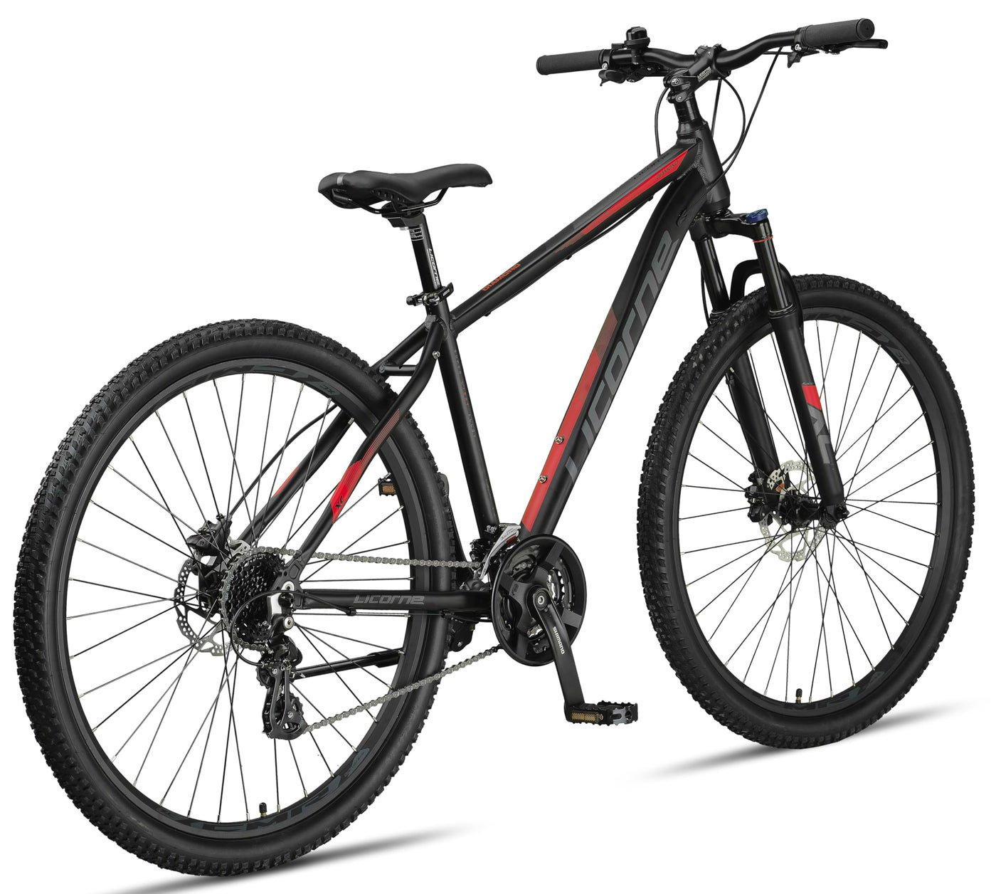 Licorne Bike Diamond Plus – Mountainbike, Shimano 24-Gang Schaltung, hydraulische Scheibenbremsen, verriegelbare Federgabel, Schnellspanner Vorder- & Hinterrad (Schwarz/Rot, 29 Zoll)