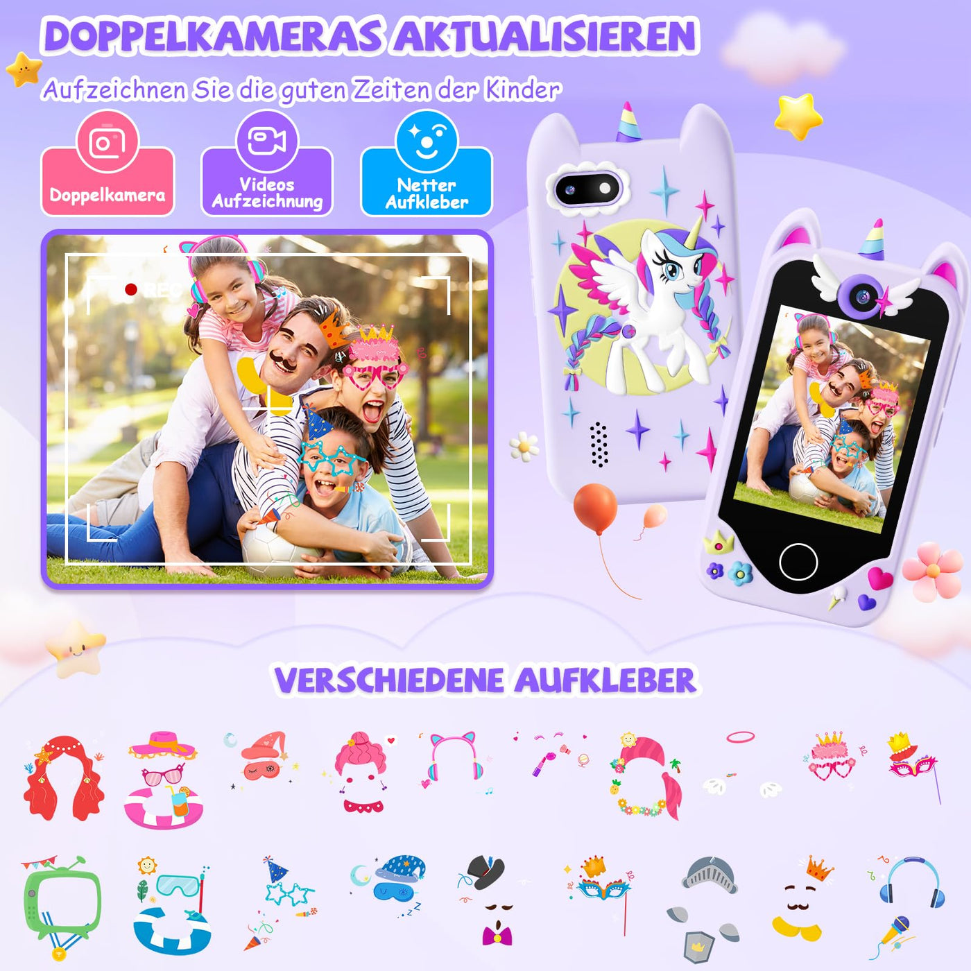 Kinder Handy Smartphone Mädchen Geschenke - Weihnachten Geburtstag Geschenke ab 3 4 5 6 Jahre Mädchen, Kinderhandy Spielzeug mit Touchscreen, Dual-Kameras, Lernen, Musik-Player (Lila)