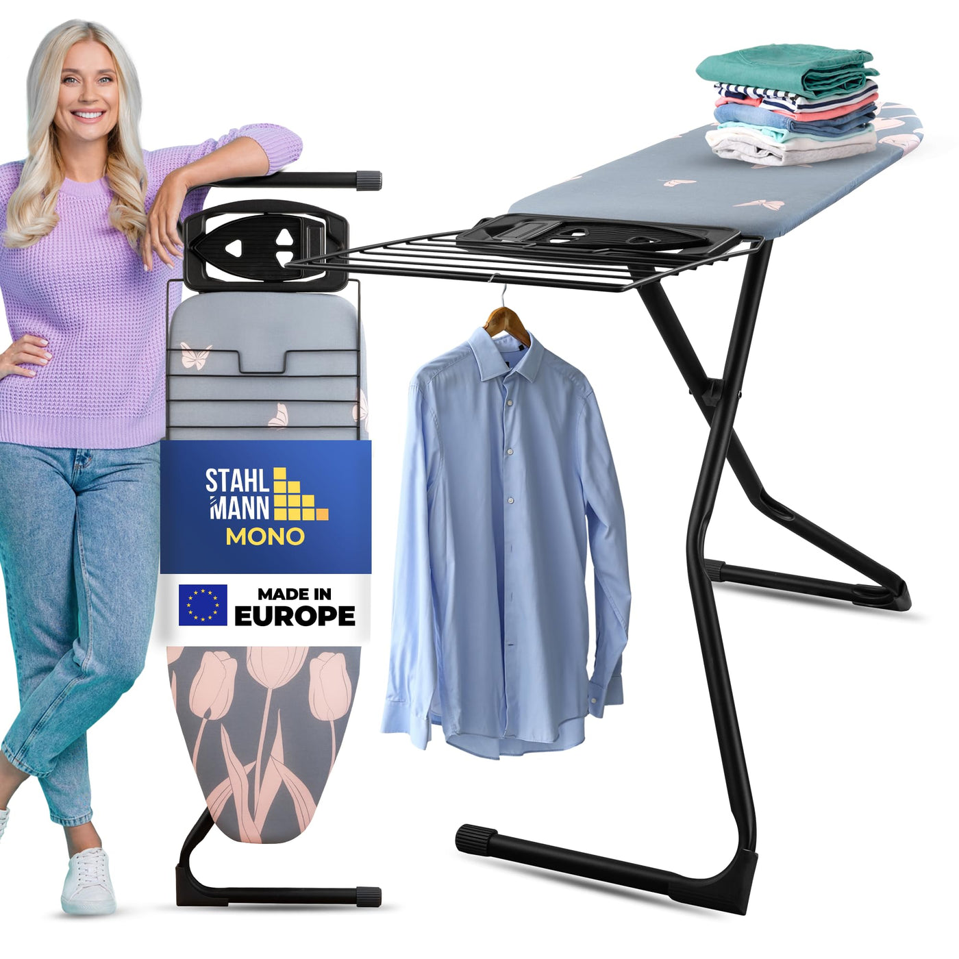 STAHLMANN ® großes Bügelbrett [120x42 Bügelfläche] mit Kleidungsplatte – robuster Bügeltisch – extra stabiles Bügelbrett [Made IN EU] – Tischbügelbrett