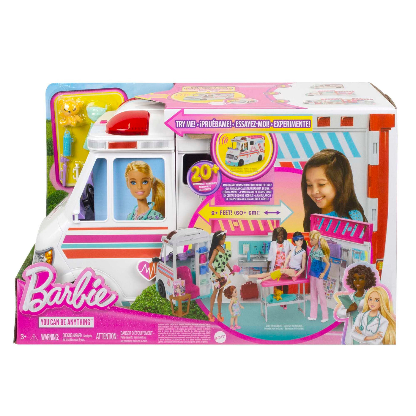 Barbie 2-in-1-Krankenwagen Spielset, Rettungswagen mit Lichtern und Geräuschen, umwandelbar in Pflegeklinik, 20 Puppenzubehör, Spielzeug ab 3 Jahren, HKT79