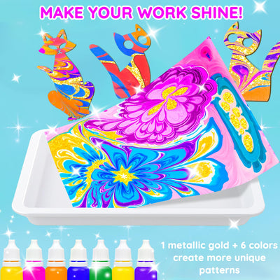 MOMUSE Bastelset Kinder ab 6 Jahre mit 2 Tabletts, Wasser-Marmorierfarbe-Set & Holz-Katzenfiguren, Kreatives Basteln Mädchen 8 Jahre, Coole Geschenke für Jungen Mädchen ab 6 8 9 10 12 Jahre